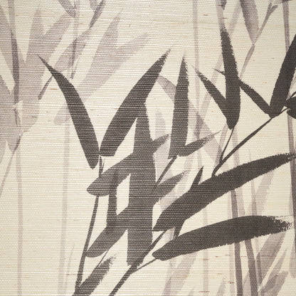 Beige fabric with dark brown bamboo leaves pattern, subtle textured weave.