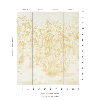 Four-panel wall mural with pale gold bamboo on cream, 36-inch wide panels; serene nature decor for living spaces.
