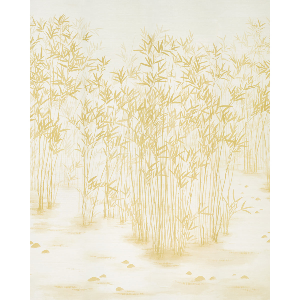 Cream background wall art of gold bamboo stalks & delicate leaves; metallic botanical print for elegant decor.