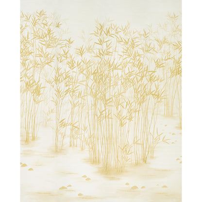 Cream background wall art of gold bamboo stalks & delicate leaves; metallic botanical print for elegant decor.