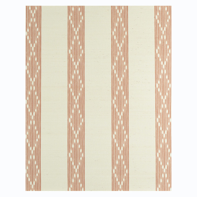 Cream woven fabric with vertical orange-pink patterned stripes.