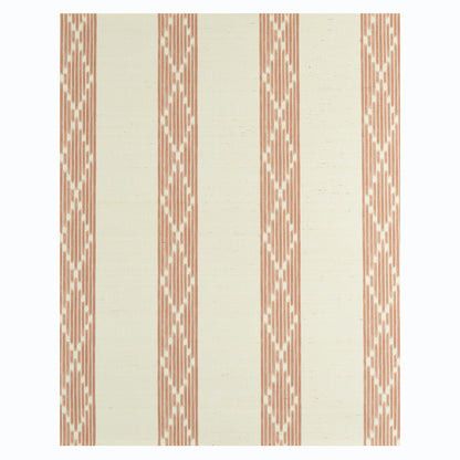 Cream woven fabric with vertical orange-pink patterned stripes.