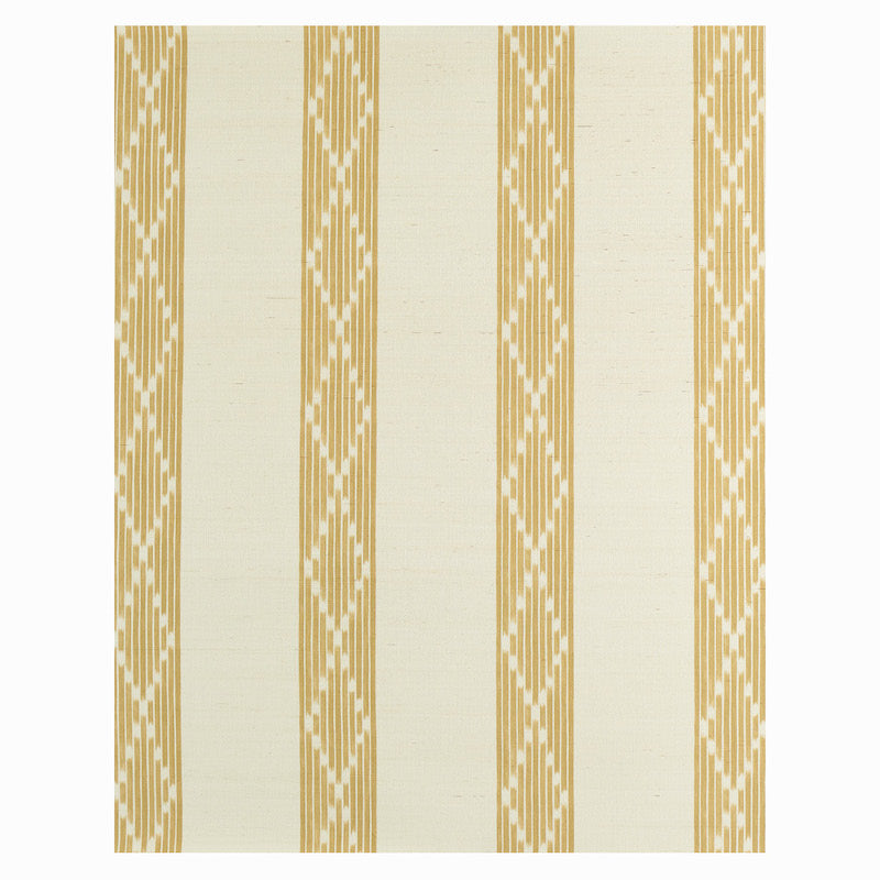 Cream wallcovering with vertical gold geometric stripes and diamond motifs in an ochre palette.