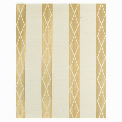 Cream wallcovering with vertical gold geometric stripes and diamond motifs in an ochre palette.