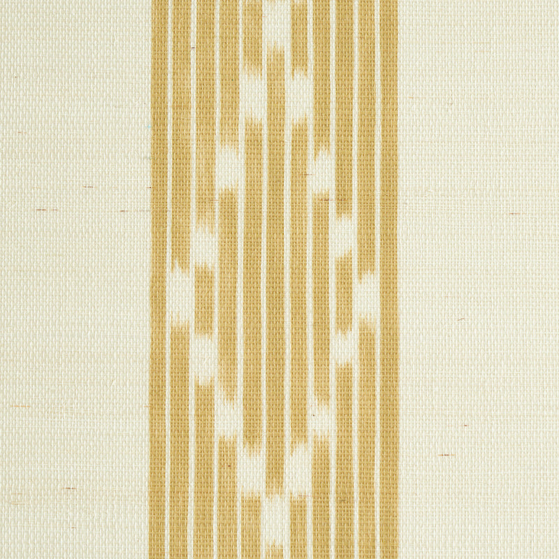 Beige woven wallcovering with vertical gold stripes and a central geometric chevron motif.