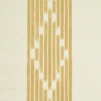 Beige woven wallcovering with vertical gold stripes and a central geometric chevron motif.