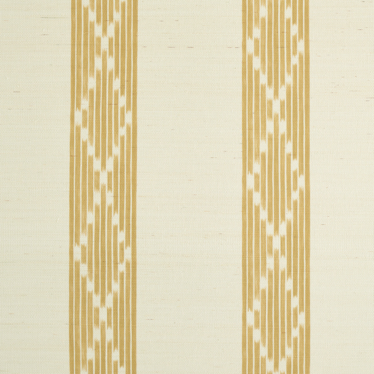 Cream fabric with vertical gold geometric stripes and diamond motifs in a repeating ikat-inspired pattern.