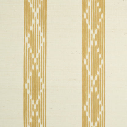 Cream fabric with vertical gold geometric stripes and diamond motifs in a repeating ikat-inspired pattern.