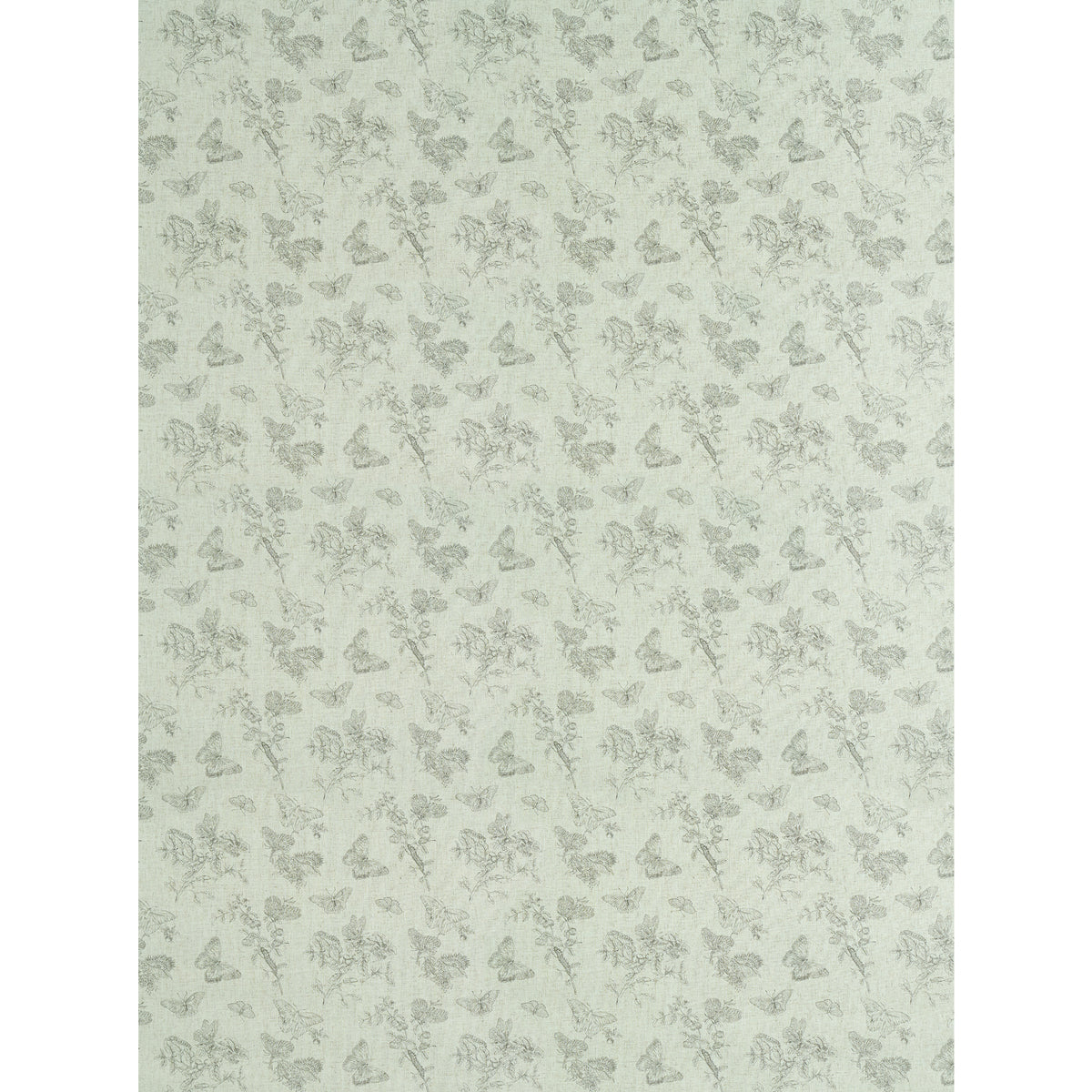 Black linen-textured wallpaper with a subtle gray botanical floral pattern in a delicate, repeating motif.
