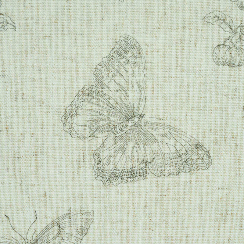Beige linen-textured fabric featuring a pencil-drawn butterfly motif with subtle nature-inspired accents; decorative butterfly print