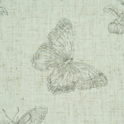 Beige linen-textured fabric featuring a pencil-drawn butterfly motif with subtle nature-inspired accents; decorative butterfly print
