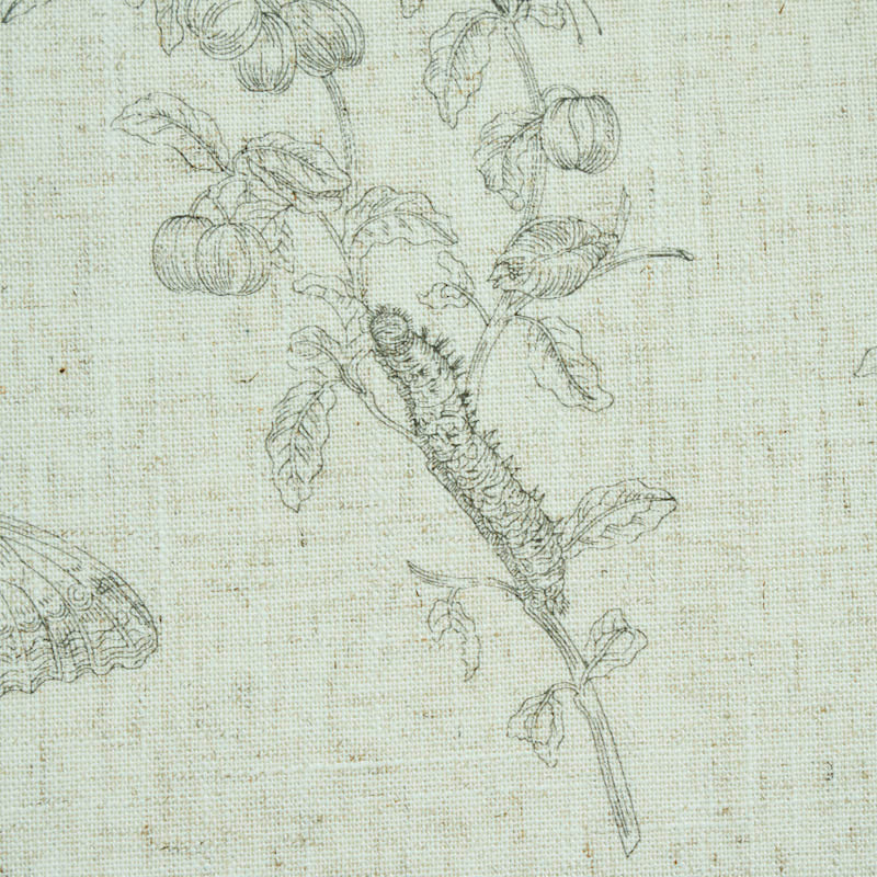 Black linen-textured fabric with a pencil sketch botanical motif of stems, leaves and round berries.