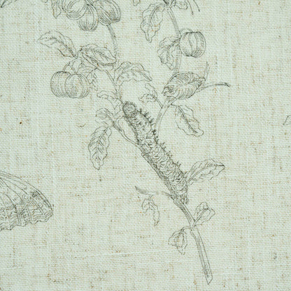 Black linen-textured fabric with a pencil sketch botanical motif of stems, leaves and round berries.