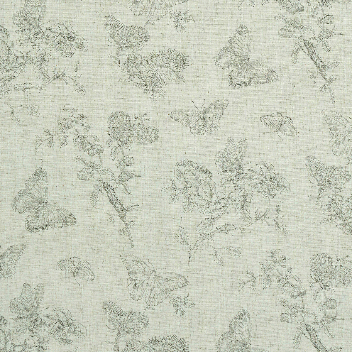 Cream linen-textured fabric with grey butterflies & flowering branches.
