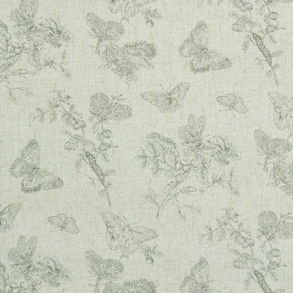Cream linen-textured fabric with grey butterflies & flowering branches.