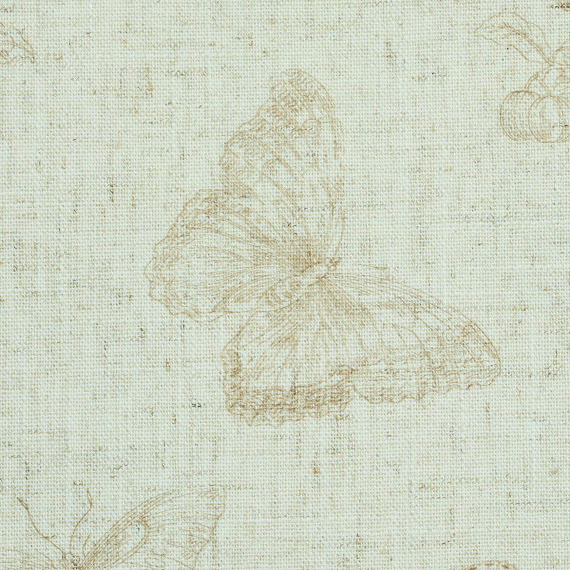 Cream linen-like fabric with tan butterfly sketch, vintage botanical print and soft texture.