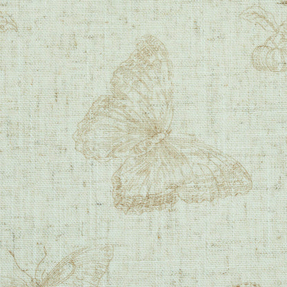 Cream linen-like fabric with tan butterfly sketch, vintage botanical print and soft texture.