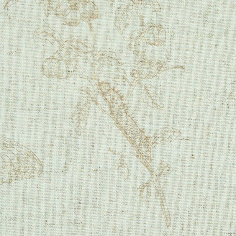 Beige linen fabric with a subtle tan botanical print of a branch, leaves, and small berries.