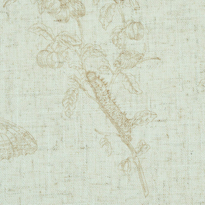 Beige linen fabric with a subtle tan botanical print of a branch, leaves, and small berries.