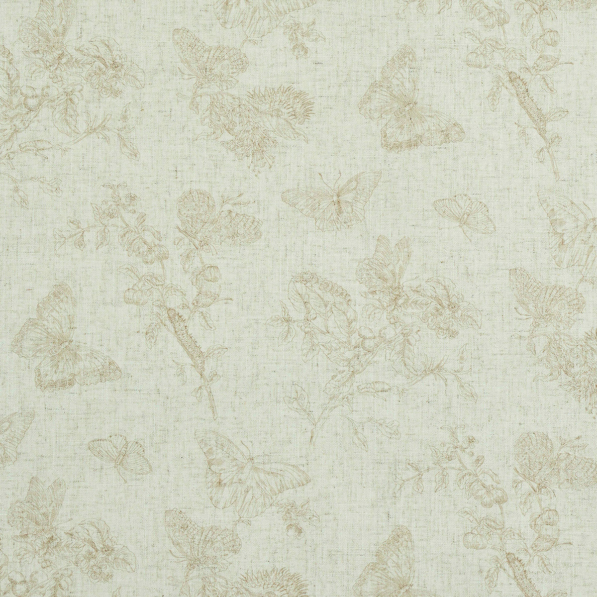 Soft beige butterflies and florals on a pale linen background; vintage botanical pattern suitable for wallpaper or textiles.