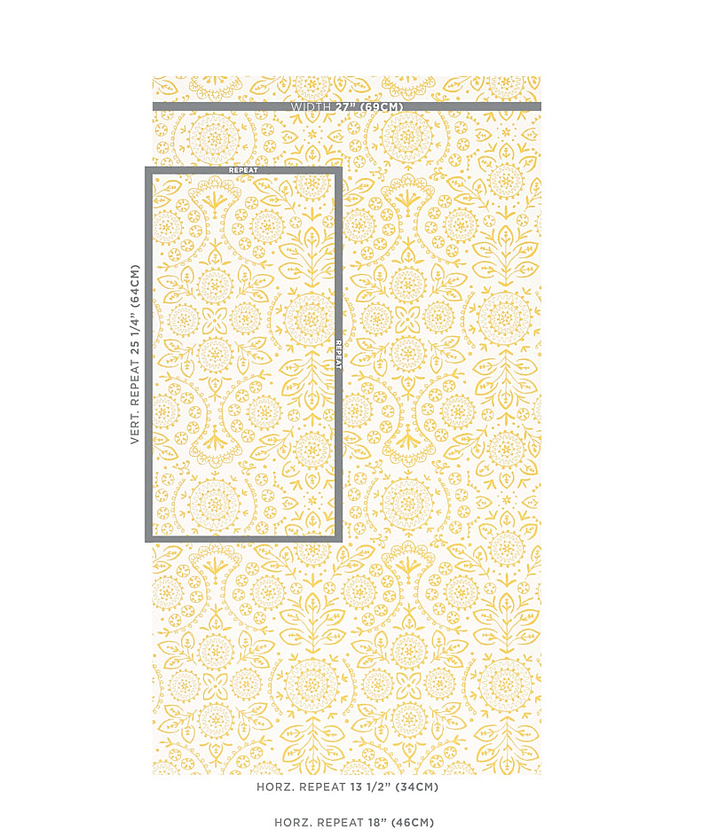 Ivory wallpaper with pale yellow damask floral pattern; gray framed repeat area sample