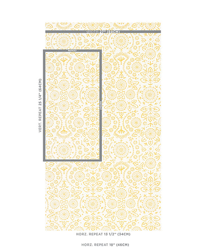 Ivory wallpaper with pale yellow damask floral pattern; gray framed repeat area sample