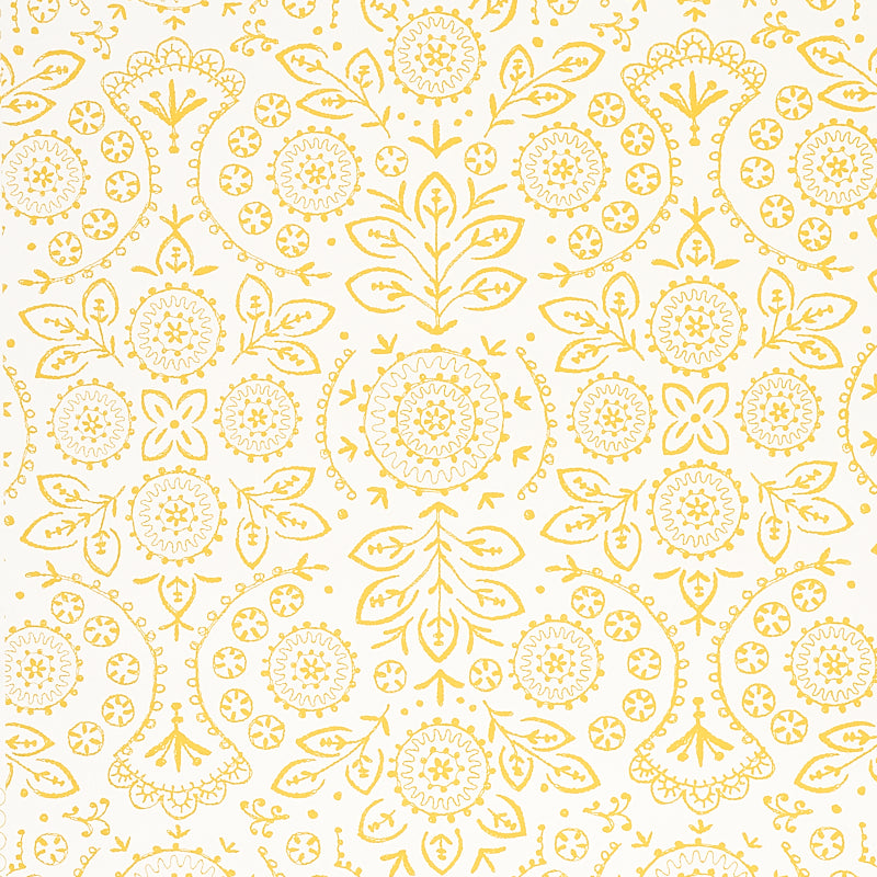 Yellow damask floral pattern with circular medallions and leafy motifs, decorative textile print.