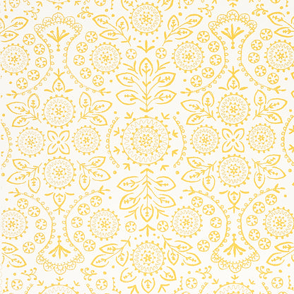 Yellow damask floral pattern with circular medallions and leafy motifs, decorative textile print.