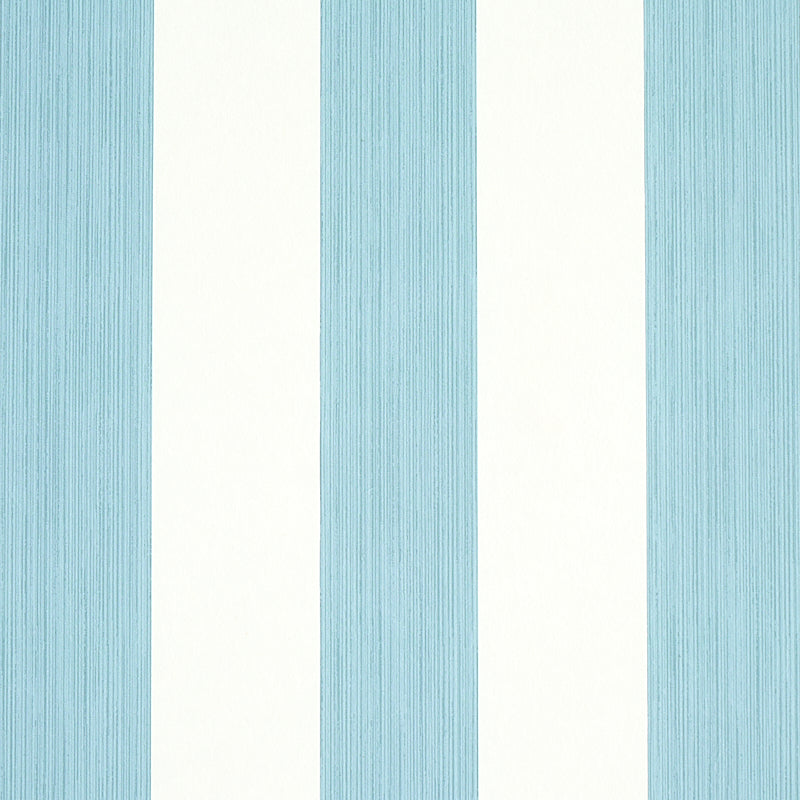 Vertical light blue and white striped wallpaper with subtle woodgrain texture.