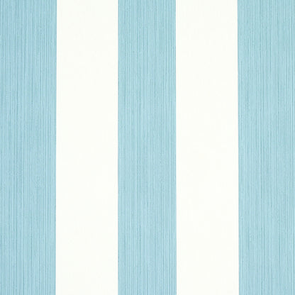 Vertical light blue and white striped wallpaper with subtle woodgrain texture.