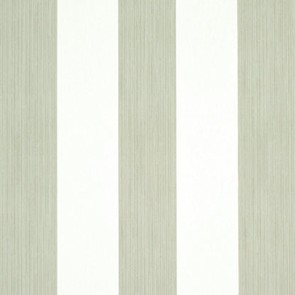 Vertical sage green and cream striped wallpaper with a subtle wood grain texture.