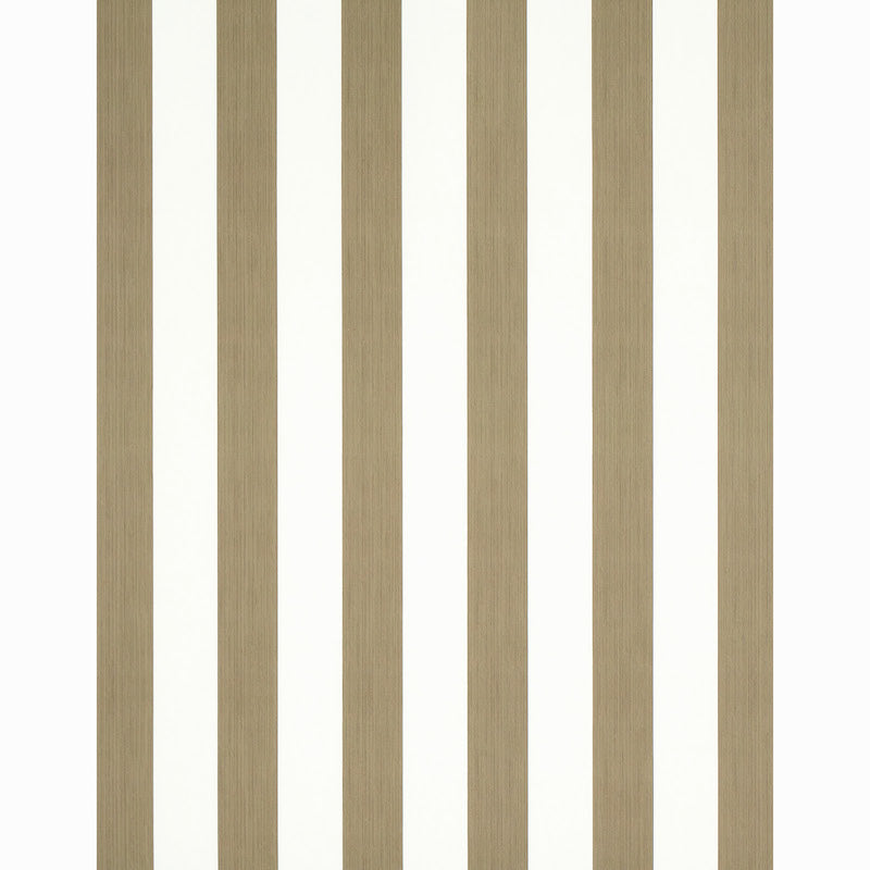 Vertical striped wallpaper in light mushroom tones with white stripes.