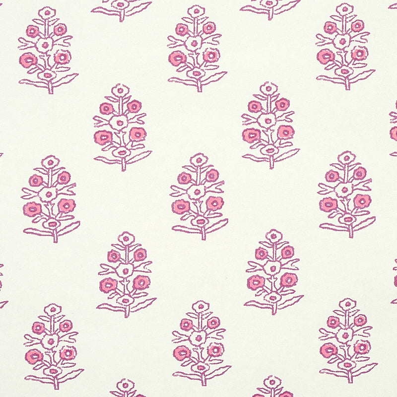 Cream fabric with repeating pink floral motifs featuring small roses on slender stems and leaves.