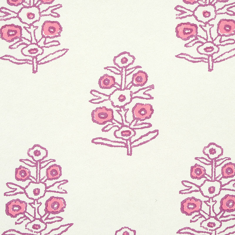 Repeating pink floral motif on cream background; retro botanical pattern with stylized stems and blossoms.