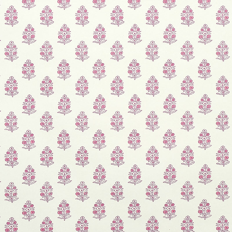 Repeating pink floral motif on cream background; stylized flower clusters arranged in a decorative, grid-like pattern.