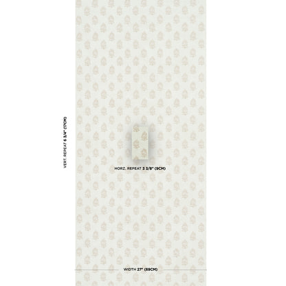 Beige wallpaper with a tiny cream crest/medallion repeating pattern; central swatch; width label bottom.