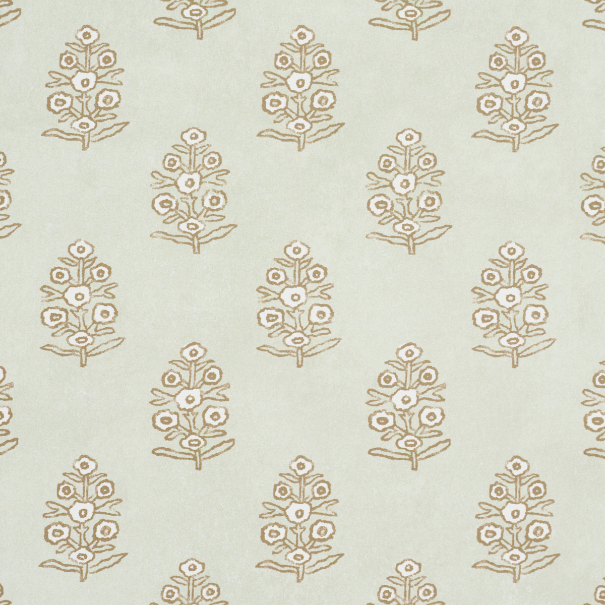 Mint green background with tan, stylized botanical sprigs in a repeating pattern.