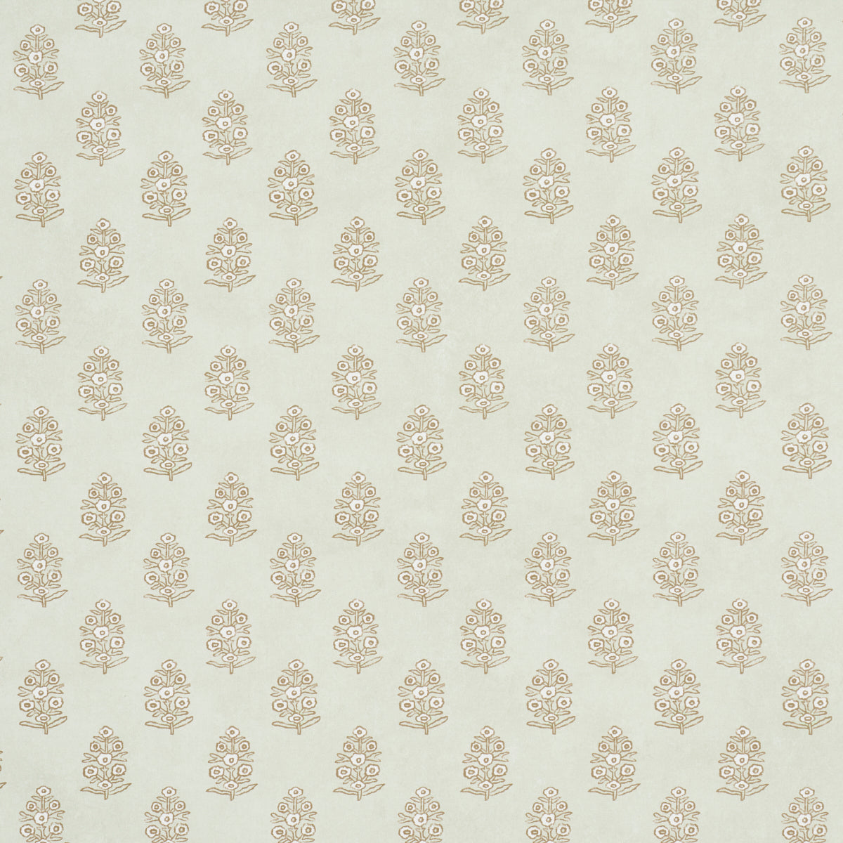 Beige wallpaper featuring repeating taupe ornamental teardrop floral motifs in neat rows.