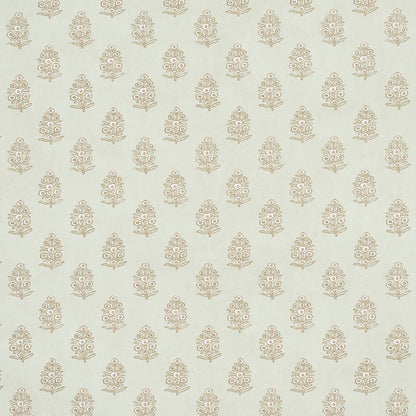 Beige wallpaper featuring repeating taupe ornamental teardrop floral motifs in neat rows.