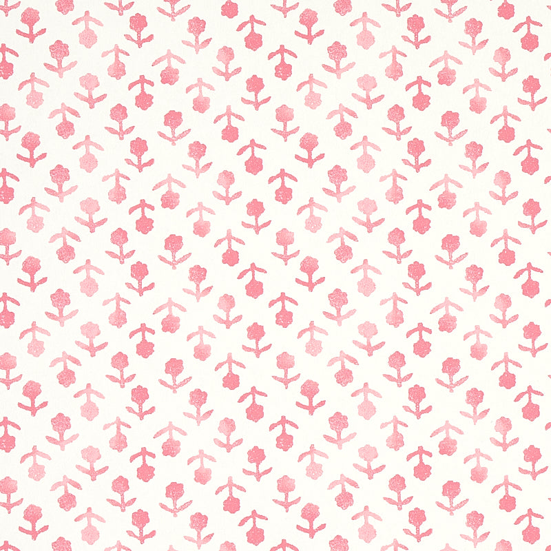 Soft pink floral pattern with small roses and stems on white background; seamless repeating design for fabric or wallpaper.