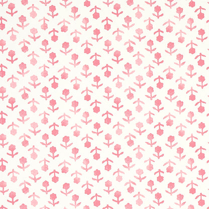 Soft pink floral pattern with small roses and stems on white background; seamless repeating design for fabric or wallpaper.