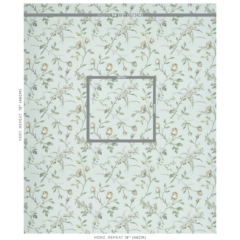 Mint green wallpaper with delicate floral vines in pale pink and gray; central square frame and repeating pattern.