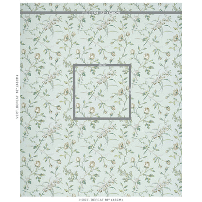 Mint green wallpaper with delicate floral vines in pale pink and gray; central square frame and repeating pattern.