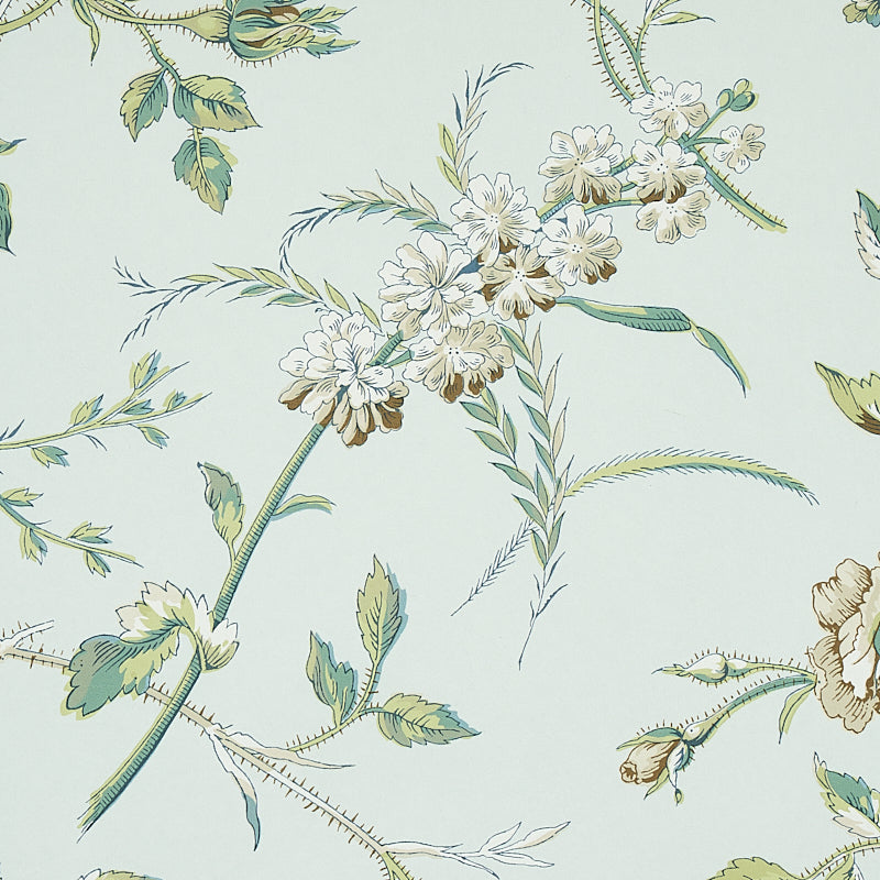 Mint wallpaper with cream-white blossoms and green leaves in a vintage botanical floral pattern.