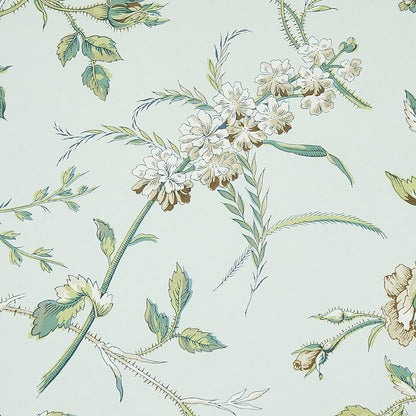 Mint wallpaper with cream-white blossoms and green leaves in a vintage botanical floral pattern.