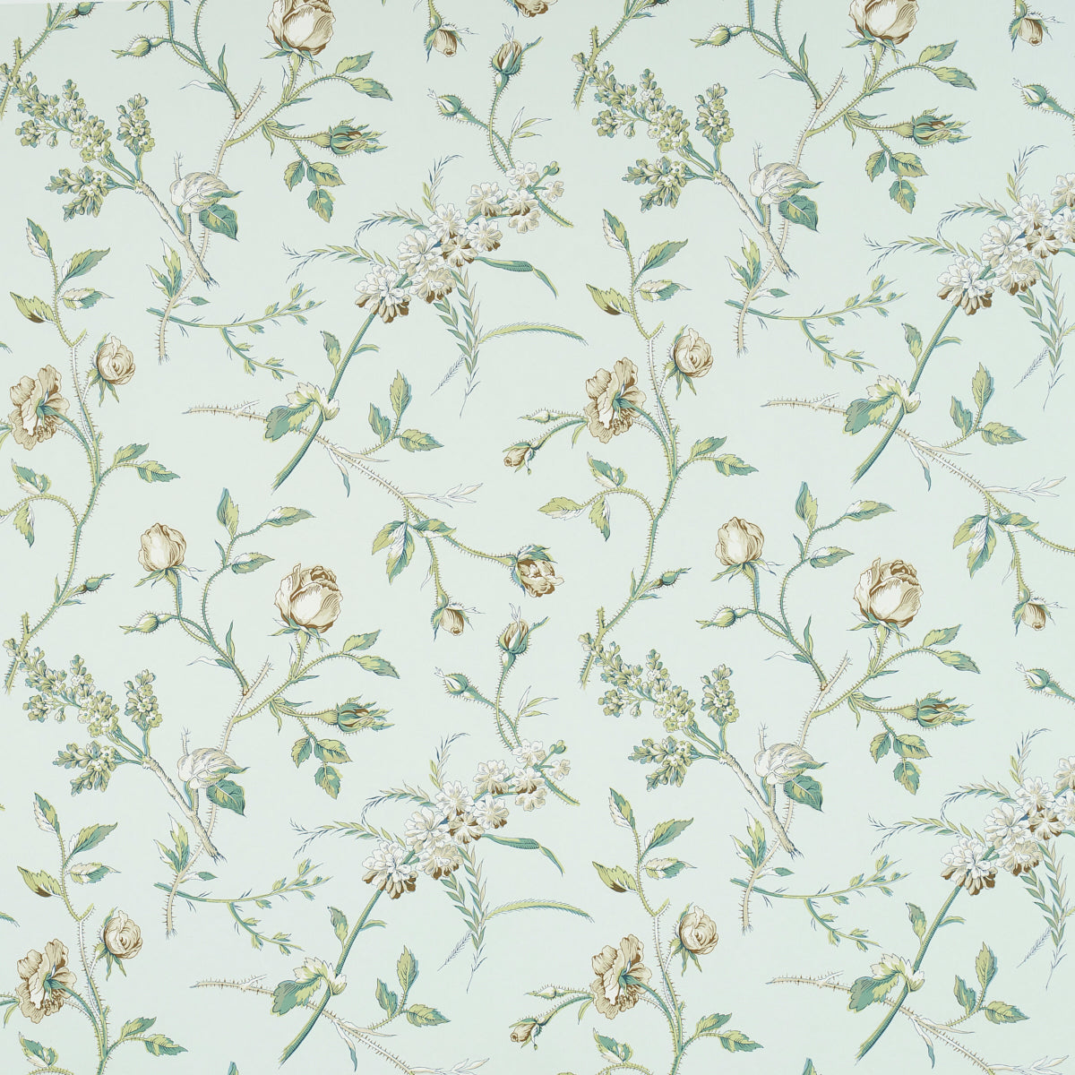 Mint green floral wallpaper with cream roses, white blossoms and curling green vines in a vintage botanical pattern.