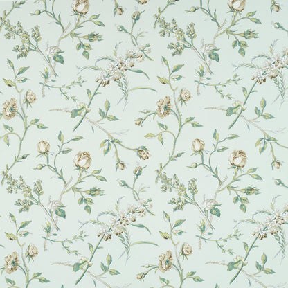 Mint green floral wallpaper with cream roses, white blossoms and curling green vines in a vintage botanical pattern.