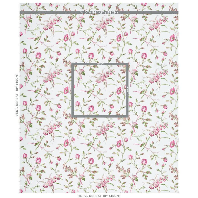 Floral wallpaper with magenta roses & green vines on white, gray square motif, gray repeat marks, vintage botanical pattern.