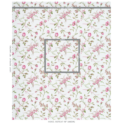 Floral wallpaper with magenta roses & green vines on white, gray square motif, gray repeat marks, vintage botanical pattern.