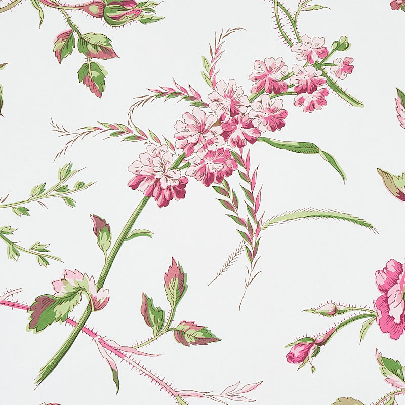 Pink flowers with green stems and leaves in a pastel floral pattern on white fabric.